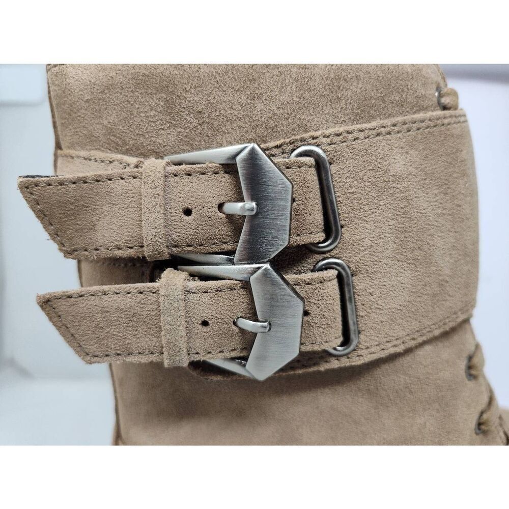 VINCE CAMUTO WOMENS FAWDRY DOUBLE BUCKLE WILD MUSHROOM SUEDE MOTO BOOTS NIB 8.5M - Picture 2 of 12